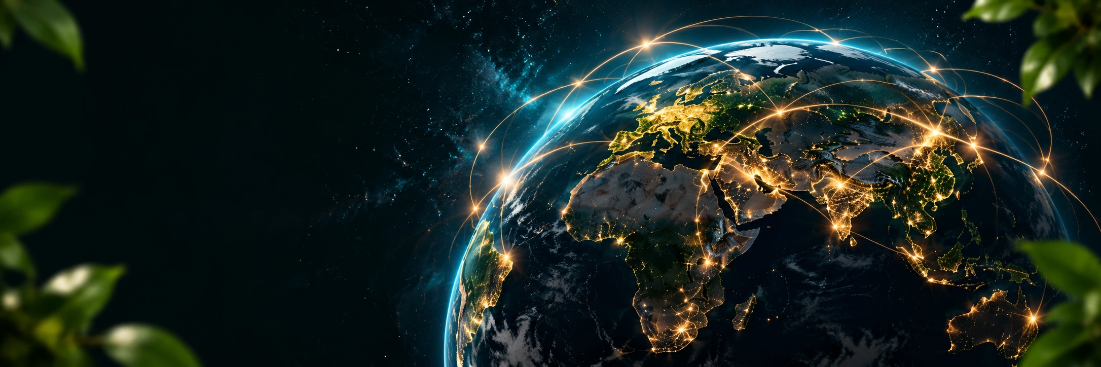 Earth illuminated by golden connections around the world