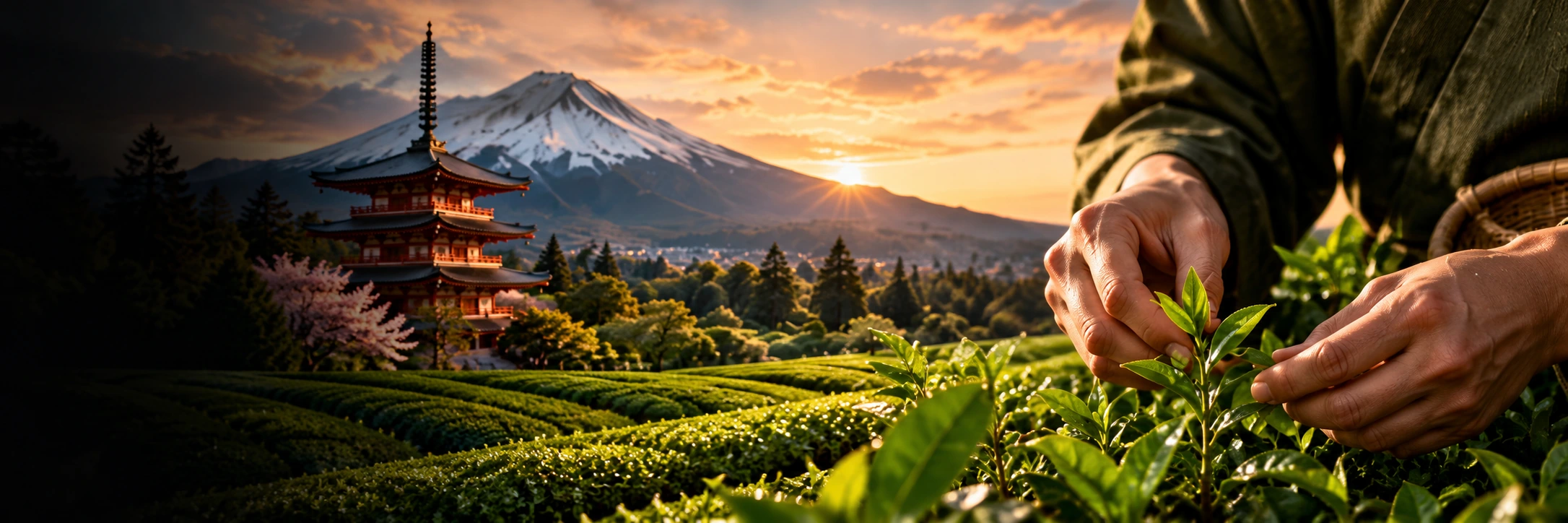 Japanese tea fields beneath Mount Fuji and hands selecting tea leaves